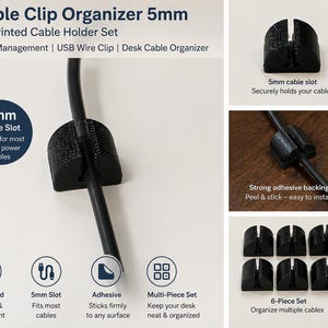 3D Printed Cable Clip Organizer Set, 5mm Slot, Desk Cord Management