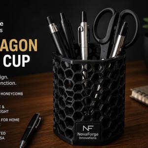 3D Printed Hexagon Pen Cup, Modern Honeycomb Desk Organizer, Office Storage Accessory