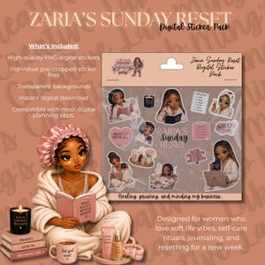 May include: A digital sticker pack titled Zaria's Sunday Reset featuring various illustrations of a person in a robe, a candle, a checklist, and text. The pack includes individual pre-cropped PNG files with transparent backgrounds for digital planning apps.
