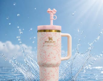 Vaso LoveShackFancy Style rosa con estampado floral de 1,2 litros (40 oz), borde dorado, adorno de lazo rosa Coquette, caja de lujo y bolsa de seda.