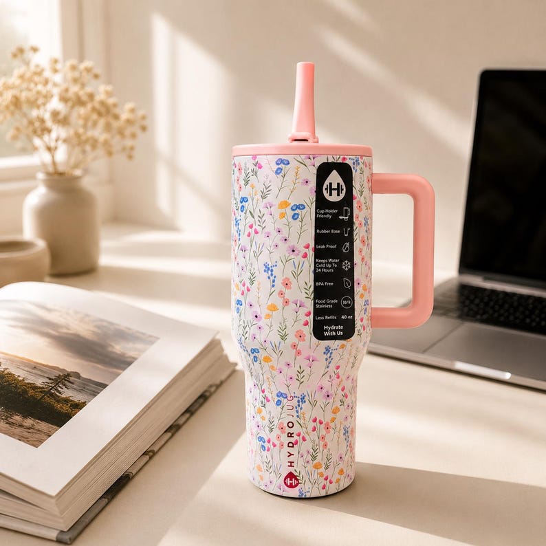 Puede incluir: Un vaso con estampado floral con asa y tapa rosas, con pajita. El vaso tiene una base blanca con un dise&ntilde;o de flores silvestres de colores. El asa y la tapa son de color rosa claro a juego. Capacidad: 1,18 litros.