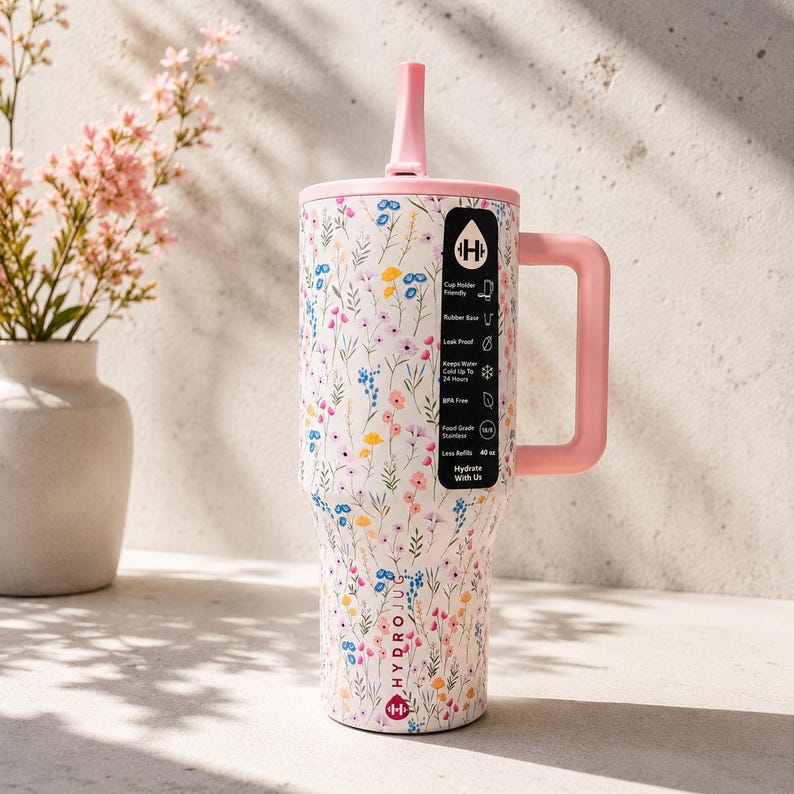 Puede incluir: Una botella de agua Hydrojug con estampado floral y asa y tapa rosas. La botella blanca est&aacute; cubierta de flores de colores y tiene una pajita rosa. La botella tiene un asa y una pegatina con informaci&oacute;n del producto.