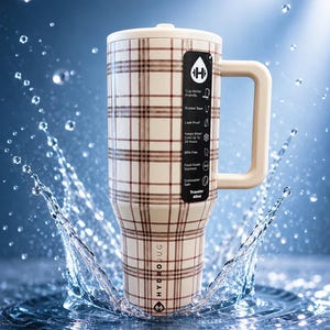 Pode incluir: Uma caneca de viagem Hydrojug com um padr&atilde;o xadrez creme e castanho. A caneca tem uma pega e tampa cor creme. Inclui base de borracha, design &agrave; prova de fugas e mant&eacute;m a &aacute;gua fria at&eacute; 24 horas. A caneca tem 1,14 litros.