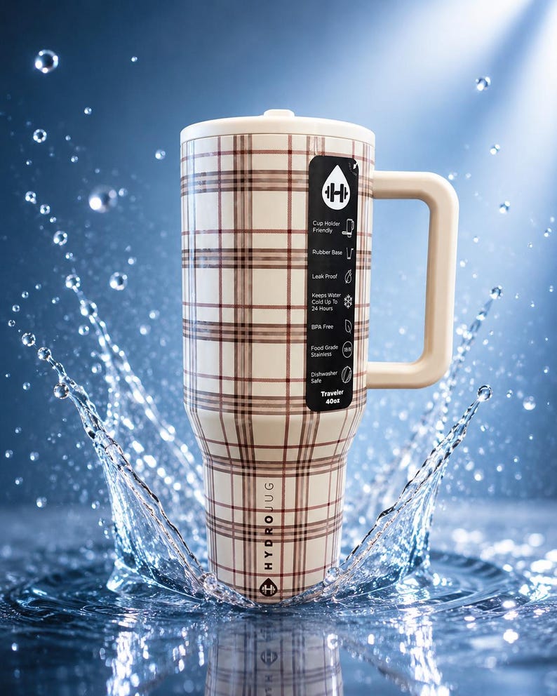 Pode incluir: Uma caneca de viagem Hydrojug com um padr&atilde;o xadrez creme e castanho. A caneca tem uma pega e tampa cor creme. Inclui base de borracha, design &agrave; prova de fugas e mant&eacute;m a &aacute;gua fria at&eacute; 24 horas. A caneca tem 1,14 litros.