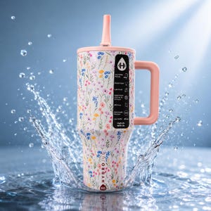 Puede incluir: Un vaso con estampado floral con asa, tapa y pajita rosas. El vaso presenta un fondo blanco con un dise&ntilde;o floral colorido. El vaso tiene una capacidad de 1,18 litros.
