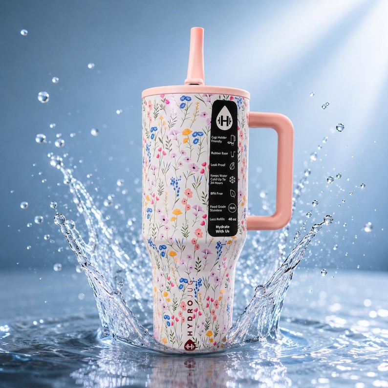 Puede incluir: Un vaso con estampado floral con asa, tapa y pajita rosas. El vaso presenta un fondo blanco con un dise&ntilde;o floral colorido. El vaso tiene una capacidad de 1,18 litros.