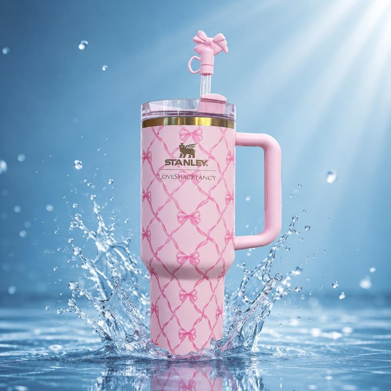 Puede incluir: Un vaso Stanley rosa con asa y pajita, con un dise&ntilde;o de lazo y el texto "LOVESHACKFANCY". El vaso est&aacute; decorado con un patr&oacute;n de lazos rosas y tiene un asa y pajita rosas. El vaso est&aacute; en un chapoteo de agua.
