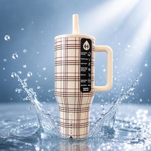 Pode incluir: Um Hydro Jug creme com um padr&atilde;o xadrez marrom, uma al&ccedil;a e um canudo. O jarro tem uma tampa e &eacute; rotulado com recursos como "Cup Holder Friendly" e "Hydrate With Us". Salpicos de &aacute;gua em torno do jarro.