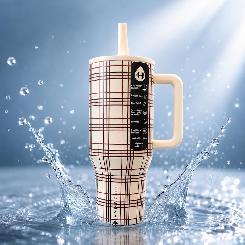 Pode incluir: Um Hydro Jug creme com um padr&atilde;o xadrez marrom, uma al&ccedil;a e um canudo. O jarro tem uma tampa e &eacute; rotulado com recursos como "Cup Holder Friendly" e "Hydrate With Us". Salpicos de &aacute;gua em torno do jarro.
