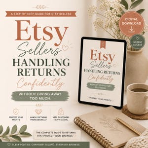 May include: An Etsy seller's guide titled "Etsy Sellers Handling Returns Confidently" is displayed on a tablet and a printed page. The image includes a coffee cup, a notebook, a pen, and decorative flowers. The guide promises to help sellers protect profits.