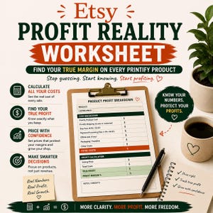 以下が含まれることがあります： Etsy Profit Reality Worksheetと題されたワークシート。製品コスト、販売価格、利益計算のセクションがあります。この文書には、Printifyのコスト、Etsyの手数料、決済処理手数料の記入欄があり、真の利益率を算出するための項目が記載されています。