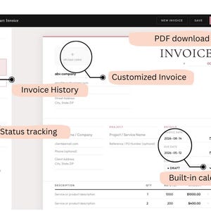 May include: Screenshot of a smart invoice interface with features like invoice history, status tracking, PDF download, and a built-in calendar. The interface allows for customized invoices and includes fields for project details and service descriptions.