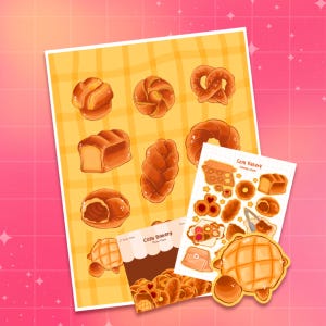 May include: Illustration of various baked goods, including a pretzel, croissant, and bread rolls, on a yellow checkered background. Additional stickers feature more bakery items and the text "Cozy Bakery".