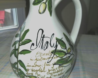 Rosanna Italy Porcelain Olive Oil Cruet, Handled Watercolor Olive Branches, 24 oz Capacity