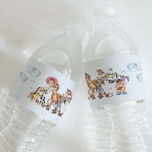 May include: Two clear plastic water bottles with white caps. Each bottle has a label featuring characters from the animated film "Toy Story". The labels have a light blue background with cartoon clouds.
