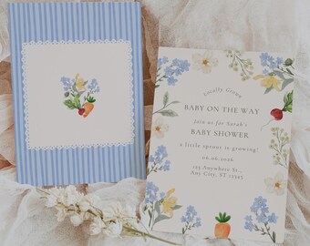 Locally Grown Little Sprout Baby Shower Invitation - Blue Floral Farmer's Market (DIGITAL DOWNLOAD)