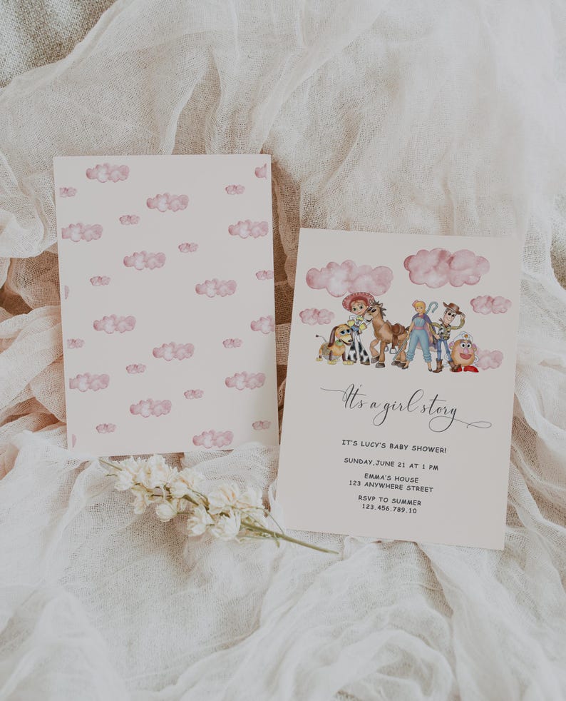 May include: Baby shower invitation with a watercolor design. The invitation features a pink cloud pattern on the back and a themed illustration on the front with the text "It's a girl story". Includes event details.