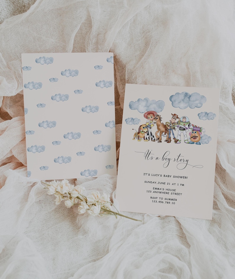 May include: Two baby shower invitations. One features a watercolor design of clouds and the text "It's a boy story" with event details. The other card has a cloud pattern background.