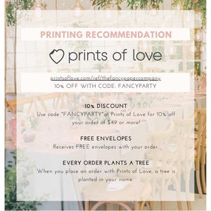 May include: An advertisement for Prints of Love, displaying a heart logo and the text "PRINTING RECOMMENDATION." It includes the website address and a discount code. The image also highlights free envelopes and a tree planting initiative.