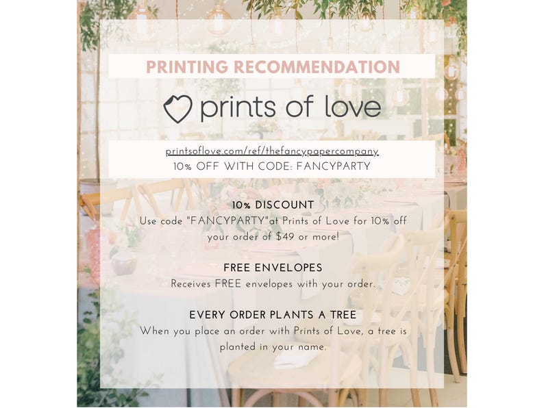 May include: An advertisement for Prints of Love, displaying a heart logo and the text "PRINTING RECOMMENDATION." It includes the website address and a discount code. The image also highlights free envelopes and a tree planting initiative.