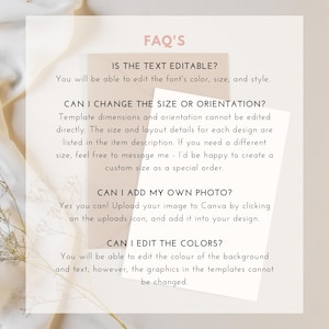 May include: A digital FAQ sheet with text on a light beige background. The text answers questions about editing fonts, changing size and orientation, adding photos, and editing colours. The sheet is on a white fabric with small flowers.