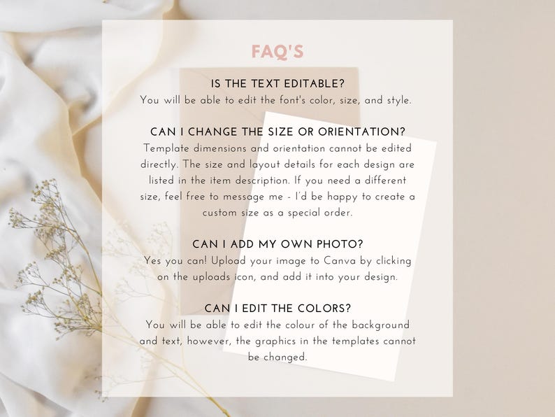 May include: A digital FAQ sheet with text on a light beige background. The text answers questions about editing fonts, changing size and orientation, adding photos, and editing colours. The sheet is on a white fabric with small flowers.