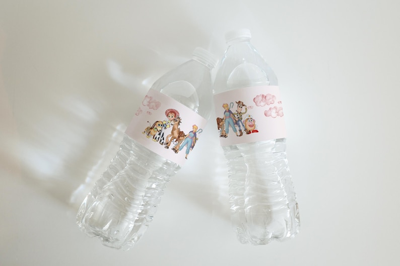 May include: Two clear plastic water bottles with labels featuring cartoon characters. The labels are light pink with illustrations of characters and clouds. The bottles are filled with clear liquid and have white caps.