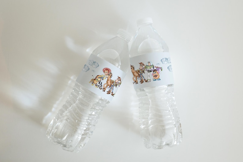 May include: Two clear plastic water bottles with white caps. Each bottle has a label featuring characters from the animated film "Toy Story". The labels have a light blue background with cartoon clouds.