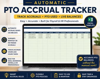 Automatic PTO Accrual Tracker Excel | Employee Balance Spreadsheet | HR and Payroll Tool