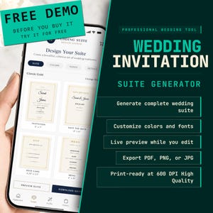 Op de afbeelding: Een smartphone met een app voor het ontwerpen van trouwkaarten, voorzien van een donkergroene zijbalk met de tekst PROFESSIONAL WEDDING TOOL, WEDDING INVITATION SUITE GENERATOR en een lijst met functies zoals PDF-, PNG- of JPG-export.