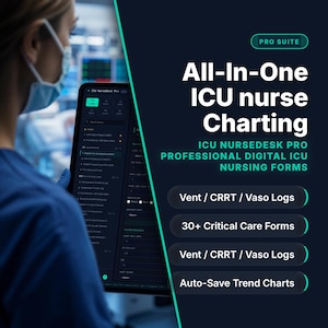 May include: A digital tablet displaying the ICU NurseDesk Pro interface with dark mode, featuring text that reads All-In-One ICU nurse Charting, ICU NURSEDESK PRO PROFESSIONAL DIGITAL ICU NURSING FORMS, Vent / CRRT / Vaso Logs, 30+ Critical Care Forms, and Auto-Save Trend Charts.