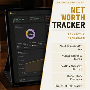 Könnte beinhalten: Ein digitales Tablet mit einem Net Worth Tracker Finanz-Dashboard auf einer dunklen Benutzeroberfläche, das ein Ringdiagramm zur Vermögensaufteilung, ein Liniendiagramm für den Nettovermögenstrend und eine Funktionsliste zeigt.