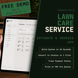 Peut inclure: Une tablette affichant l'interface LawnQuote Pro pour les services d'entretien de pelouse. L'écran montre un tableau de bord de facturation avec des détails de paiement. Le texte indique LawnCare Service Estimate & Invoice App.