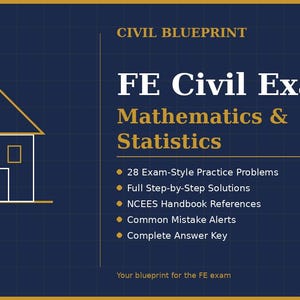 May include: A navy blue graphic with a gold border and grid pattern. The text reads "CIVIL BLUEPRINT" and "FE Civil Exam Mathematics & Statistics." Bullet points list features like practice problems and solutions. A house outline is on the left.