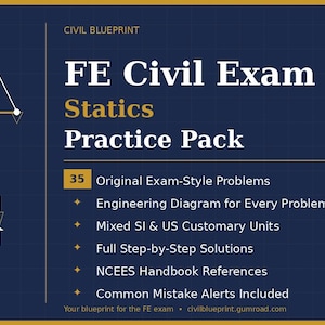 Könnte beinhalten: Dunkelblaue Grafik mit dem Text "FE Civil Exam Statics Practice Pack". Enthält Diagramme und Aufzählungspunkte mit Funktionen wie Prüfungsaufgaben, technische Diagramme und gemischte SI- und US-Einheiten.