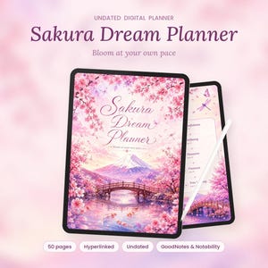 Sakura Digital Planner, Undated 2027 Pink Planner, Cherry Blossom GoodNotes iPad Planner, Japanese Aesthetic Journal, Hyperlinked Self Care