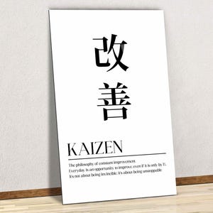 Kaizen Japanese Philosophy Glass/Canvas Wall Art, Constant Improvement Kanji Poster Art, Office Gym Motivation Decor, Minimalist Wall Decor