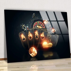 May include: A digital art print featuring four aces, casino chips, a roulette wheel, and a dice against a dark background. The aces are highlighted with gold accents, and the image has a glowing effect, creating a dramatic casino theme.