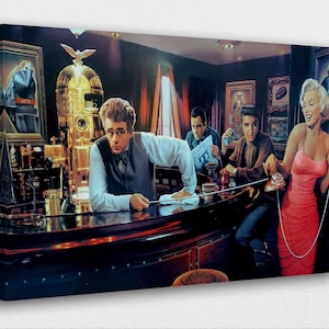 Java Dreams Canvastavla, Marilyn Monroe, Elvis, James Dean, Humphrey Bogart, Glastryck, Retro Hollywood-barposter, Dekoration med ikoner från 1950-talet bild 2