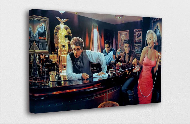 Java Dreams Canvastavla, Marilyn Monroe, Elvis, James Dean, Humphrey Bogart, Glastryck, Retro Hollywood-barposter, Dekoration med ikoner från 1950-talet bild 2