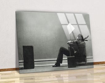 Maxell Blown Away Man väggkonst, Le Corbusier-stol kanvastavla, retro ljudaffisch, ljudvågsglasväggkonst, vintage hi-fi-heminredning