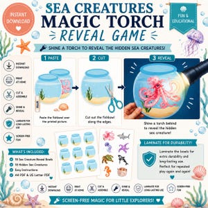 Op de afbeelding: Een Sea Creatures Magic Torch Reveal Game printbare activiteitenset met instructies om te plakken, knippen en met een zaklamp achter vissenkom-illustraties te schijnen om verborgen zeedieren zoals een octopus en haai te onthullen.