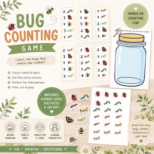 May include: A colorful bug counting game with number cards, bug pieces, and a jar mat. The game includes the text "Bug Counting Game" and "Catch the bugs that match the number!" for fun, engaging, and educational play for children.