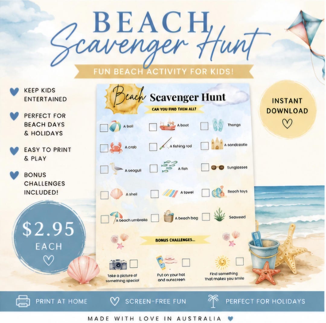 Beach Scavenger Hunt Printable | Kids Beach Activity, Summer Holiday ...