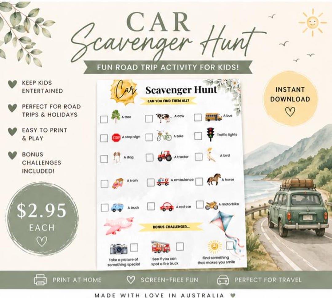 Car Scavenger Hunt Printable | Kids Road Trip Activity, Travel Game for ...
