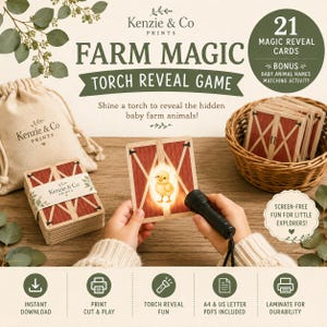 May include: A Farm Magic Torch Reveal Game set featuring 21 cards with red barn designs. The set includes a beige drawstring bag, a stack of cards, and a wicker basket. A card shows a chick revealed by a black flashlight. Text includes Kenzie & Co Prints.