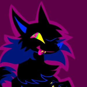 May include: A digital illustration of a black wolf-like creature with dark blue fur accents on the neck and ears. The creature has a bright yellow eye with a pink pupil, a blue nose, and a pink tongue sticking out against a dark purple background.