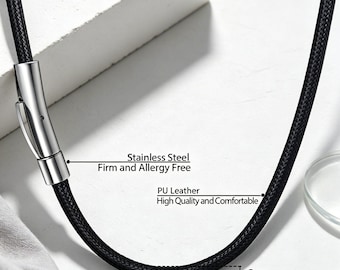 Collana con cordino in pelle cerata e chiusura a scatto in acciaio inossidabile, bordo sottile, gioiello unisex per uomo e donna.