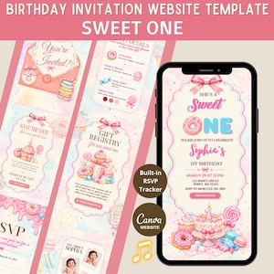 May include: A digital birthday invitation website template titled Sweet One, featuring pastel watercolour illustrations of doughnuts, cupcakes, and sweets. The mobile screen displays event details for Sophia's 1st birthday, including date, time, location, and RSVP tracker.