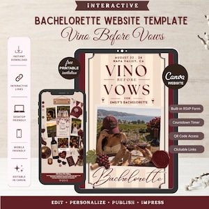Vino Before Vows Bachelorette Party Website Template, Wine Weekend Bach Itinerary Planner, Editable Canva Girls Trip Invite with RSVP